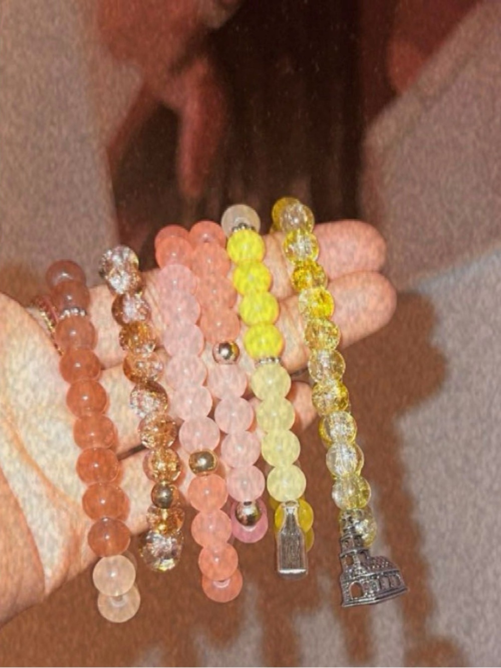 Handcrafted Pink and Yellow Beaded Stretch Bracelets Set